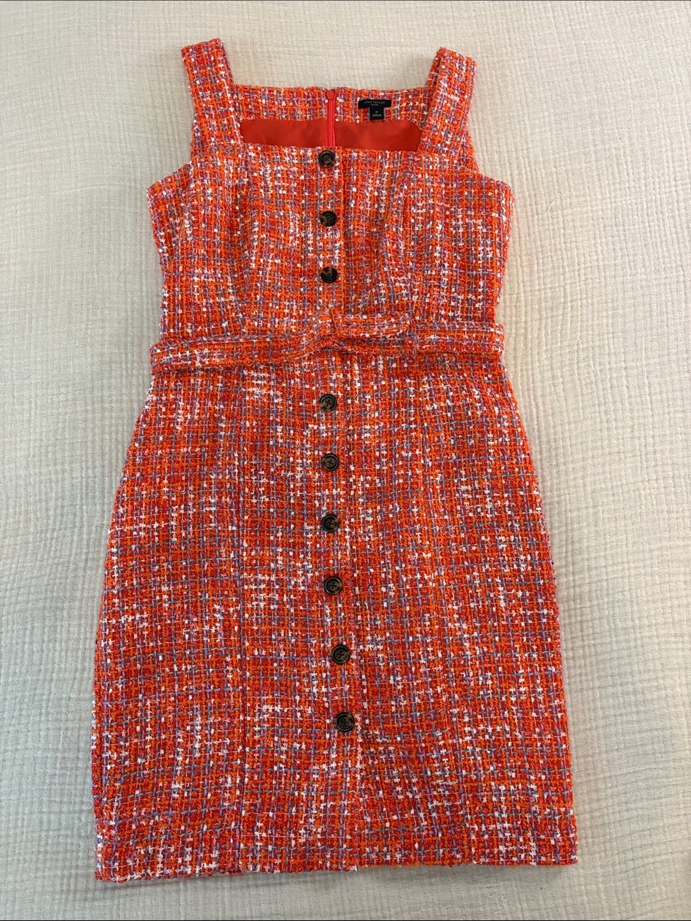 Ann Taylor Textured Orange Tweed Button-Front Dress
